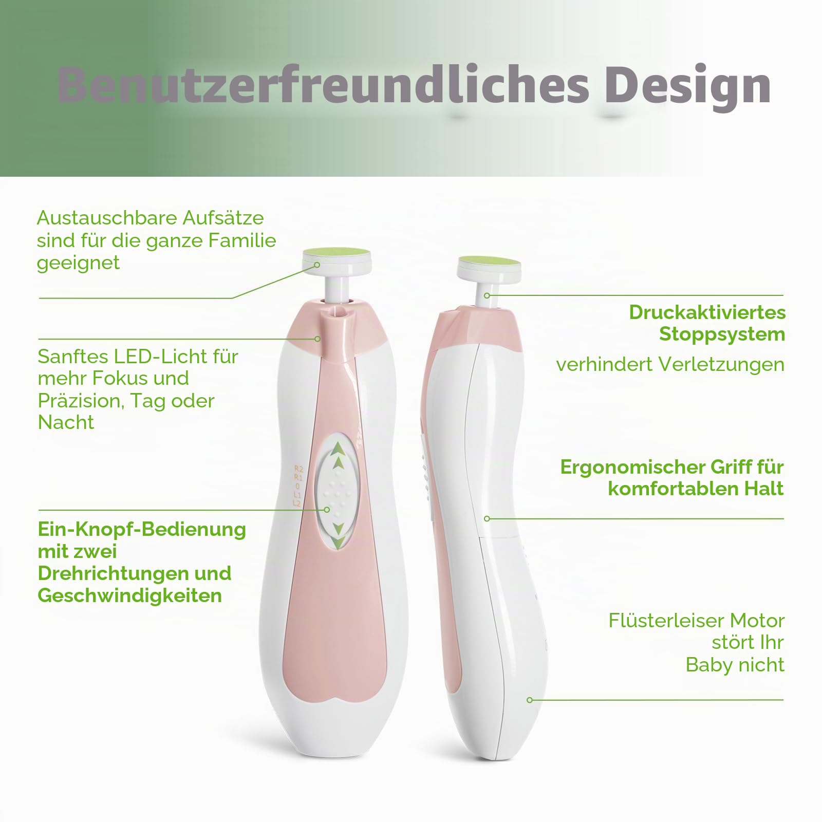 haakaa Elektrischer Baby-Nagelknipser, Baby-Nagelfeilen-Set mit 6 Schleifkopf und LED-Licht für Neugeborene, Kleinkinder Oder Erwachsene, Rosa