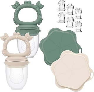 Ginbear Baby Fruit Food Feeder & Popsicle Molds Combo (Set of 2), Silicone Teething Feeders with Freezer Tray for Infants 4 Months+ (Dark Sage/Ivory)
