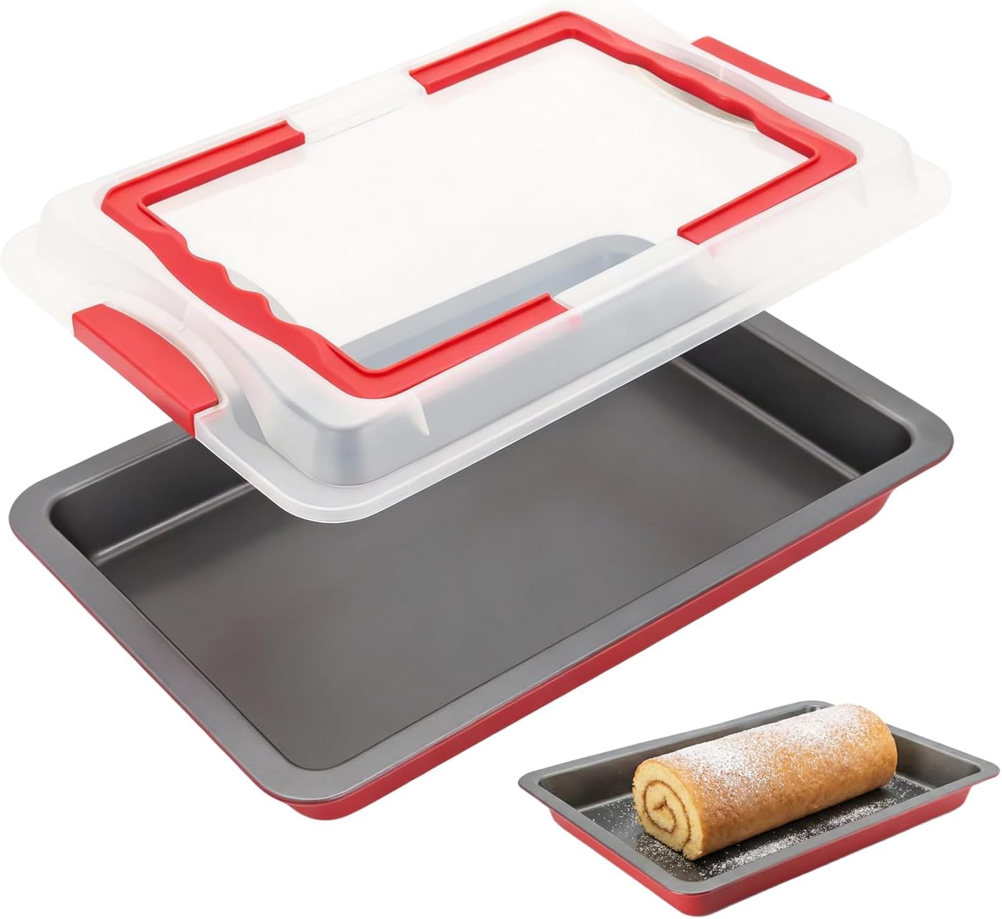 Jelly Roll Pan with Lid, 10 x 15 Inch Nonstick Jelly Roll Pan, Carbon Steel Baking Sheet, with Foldable Handle and Secure Side Lock, for Baking and Fridge Storage, Ideal for Home and Party