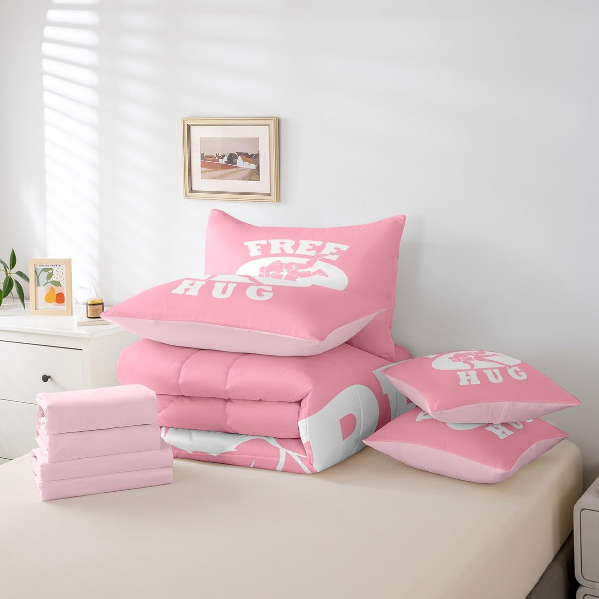 Wrestle Comforter Set 7 Pieces Boys Girls Pink Wrestling Bedding Set Full Size Ultra Soft Women Wrestler Bed in a Bag Bed Set with Comforter, Sheets, Pillowcases & Cushion Cover Room Decor Bedclothes
