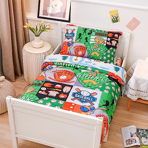 A Nice Night Sports Patchwork For Boys Basketball Baseball Gloves Cups Gym Suit Style Toddler Bedding Set,Includes Comforter, Flat Sheet, Fitted Sheet And Pillowcase,With Game Printed Lining #TOP1