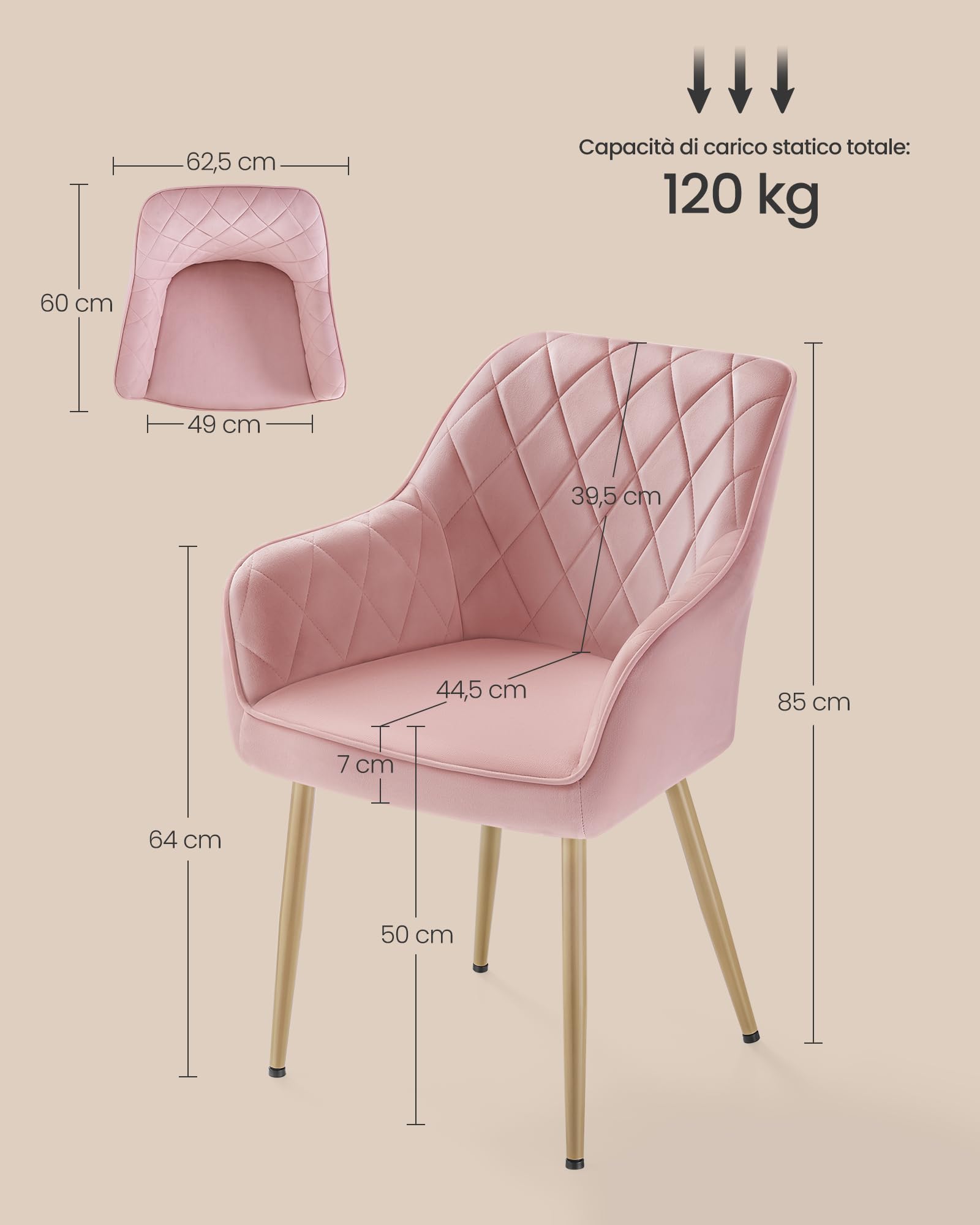 SONGMICS, Sedia, Poltrona Imbottita in Velluto, con Braccioli, Portata 120 kg, Gambe in Metallo, per Sala da Pranzo, Cucina, Rosa Pastello e Dorato Pallido LDC088R01, 60 x 62.5 x 85 cm
