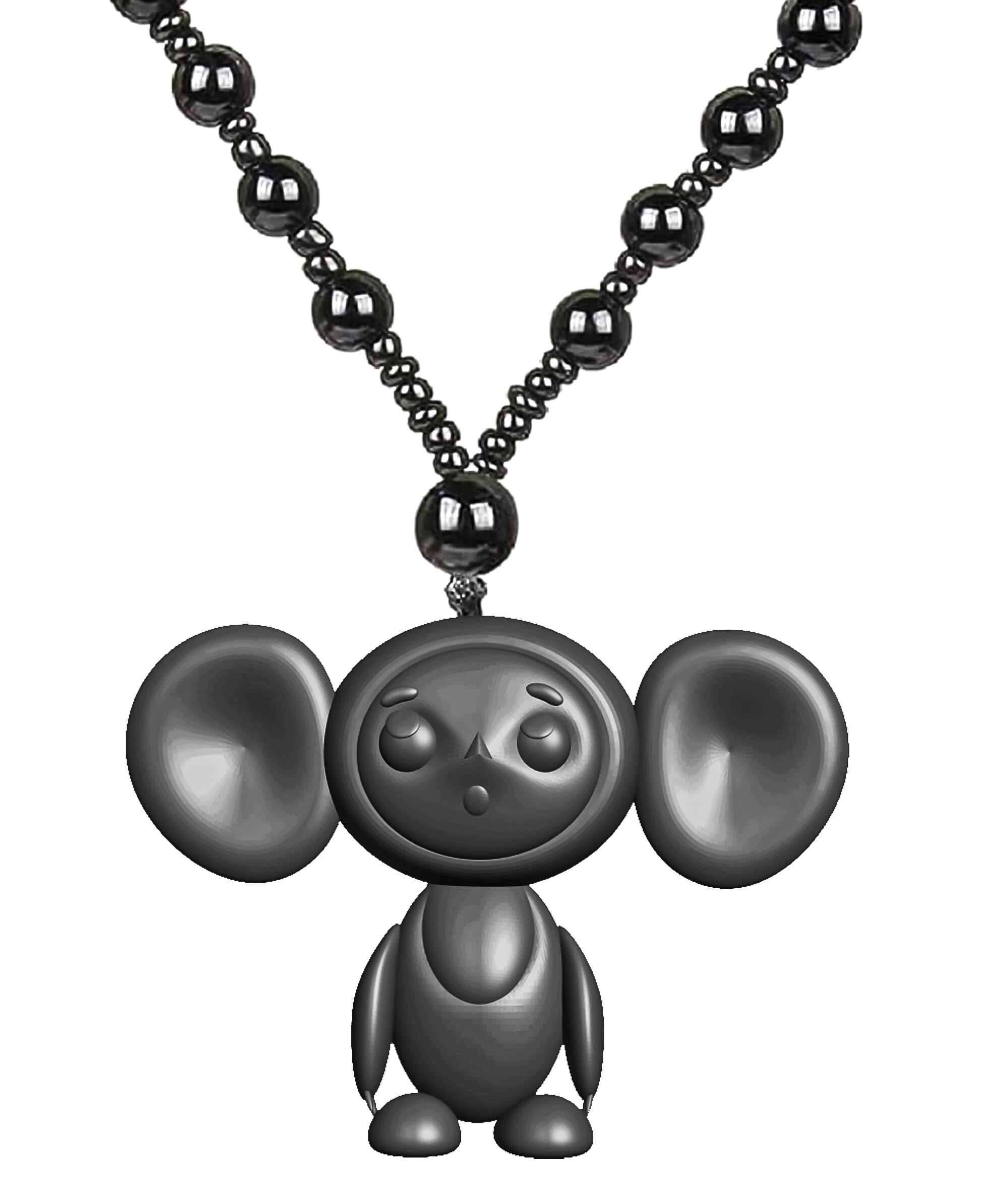 Black Cheburashka Pendant Necklace Handmade Resin Charm with Beaded Chain Cute Cartoon Jewelry Gift for Men Women