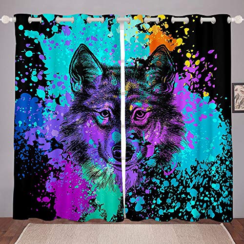 Wolf Curtain Panels 42W"X84L" Tie Dye Window Drapes Safari Animals Print Window Curtains For Kids Boys Juvenile Splash Graffiti Hip Hop Window Treatments Living Room Decor Colorful Teal Black #TOP28