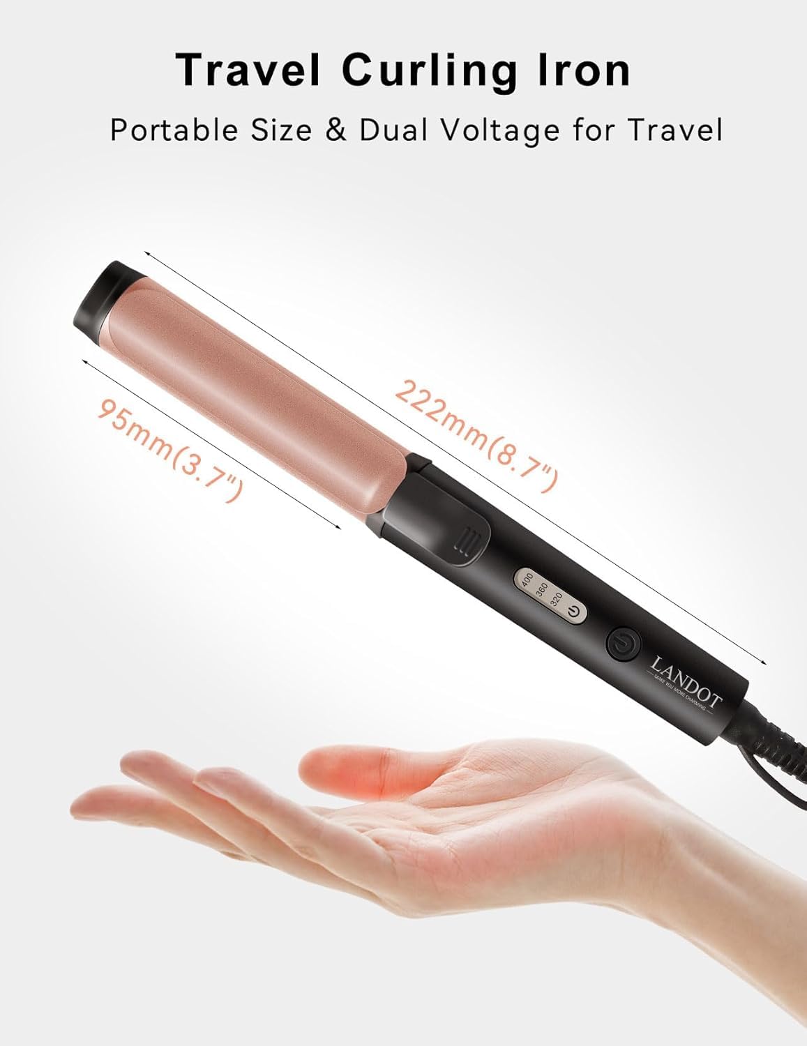 LANDOT Mini Travel Curling Iron 22cm Compact Dual Voltage Hair Curler Fast Heat Up 30s Adjustable Temp Fine Short Hair
