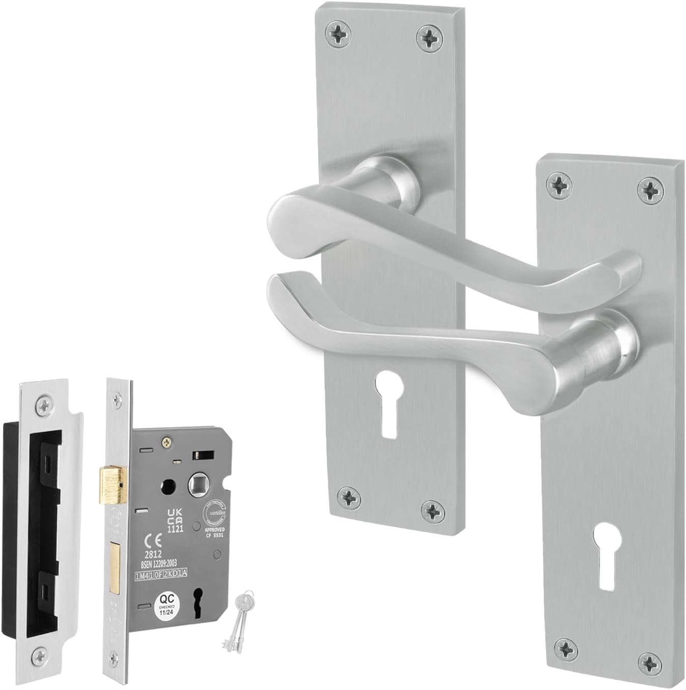 Satin Victorian Scroll Lock Handle Set, 1 Pair Satin Chrome Internal Lever Door Handles on Backplate and Lock 64mm