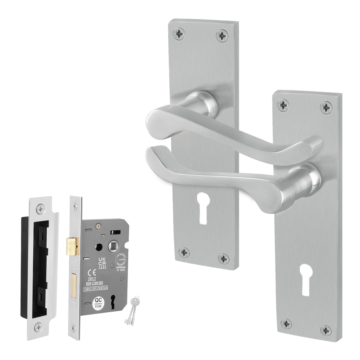 EAI Satin Victorian Scroll Lock Handle Set, 1 Pair Satin Chrome Internal Lever Door Handles on Backplate and Lock 64mm