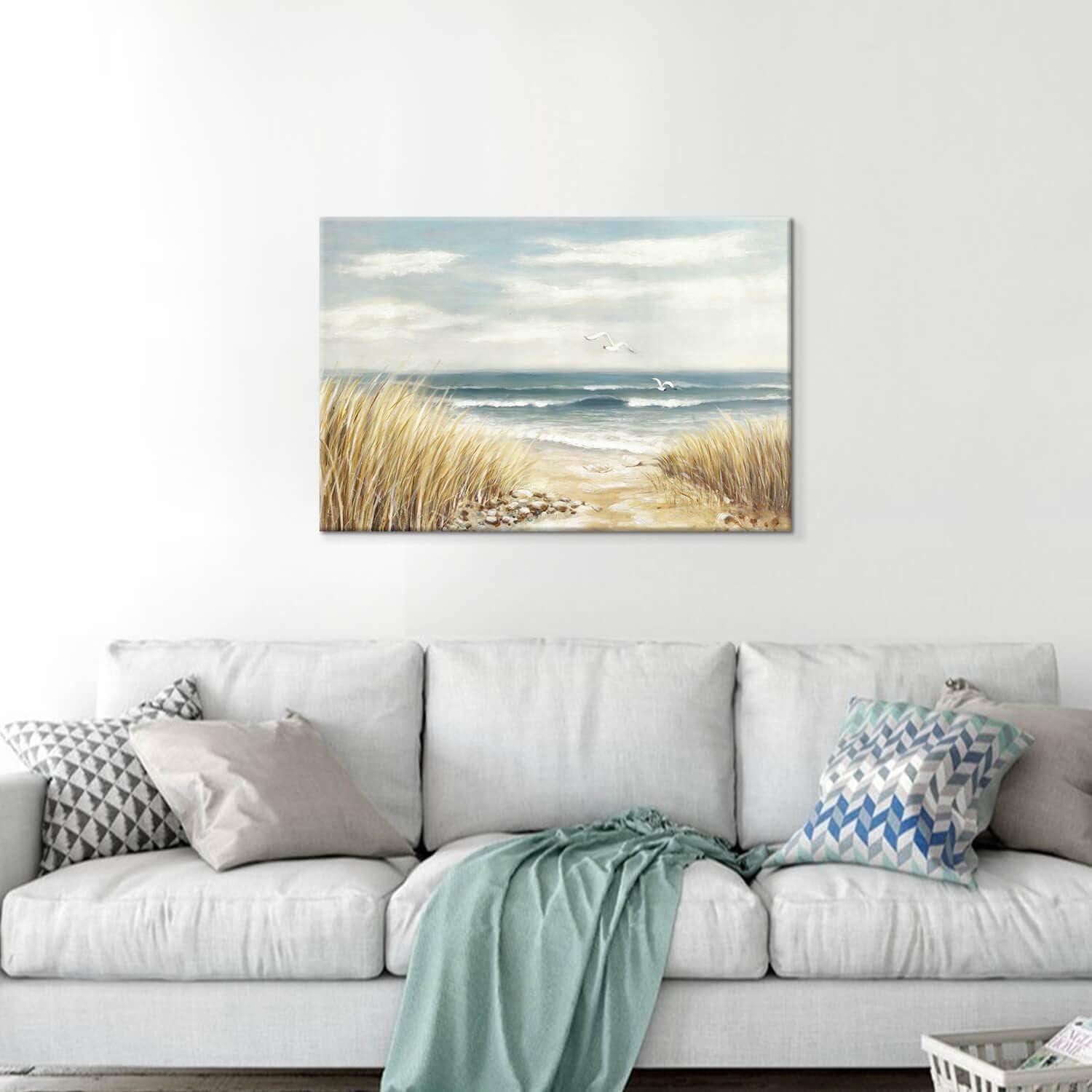 Abstract Beach Painting Wall Art: Seashore Artwork Hand Painted Coastal Picture on Canvas for Living Room (36''W x 24''H,Multi-Sized)