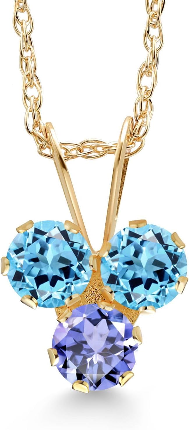 Gem Stone King 14K Yellow Gold Swiss Blue Topaz and Blue Tanzanite 3-Stone Pendant Necklace For Women (0.45 Cttw, Gemstone November Birthstone, Round 3MM, 18 Inch Chain)