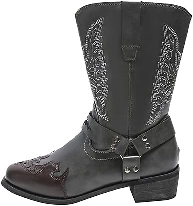 Amazon.com: Botas vaqueras bordadas para mujer, con cabeza cuadrada,  hebilla y correa, zapatos de tacón bajo, botas de media pantorrilla : Ropa,  Zapatos y Joyería
