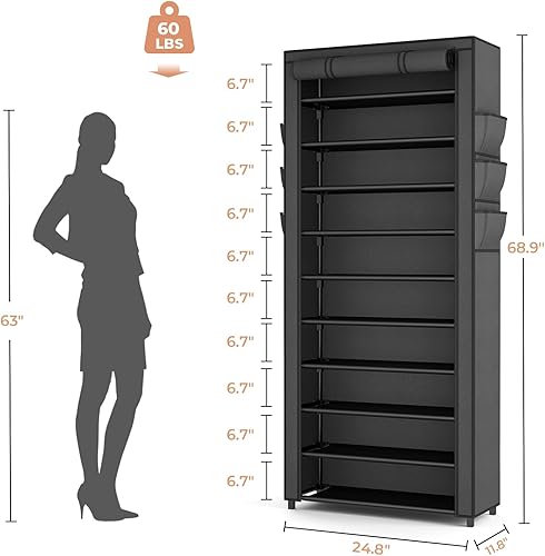 Miniatura 3 de VTRIN - Zapatero alto, organizador estrecho y vertical para armario o recibidor, 10 niveles, cubierta no tejida, contiene 36-41 pares de zapatos,