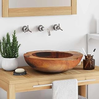 Solid Teak Wood Wash Basin 17.7 Inch Handmade Rustic Sink with Water-Repellent Finish for Bathroom Countertop Mounting Easy to Clean Natural Style
