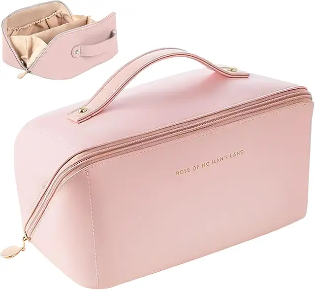 Grande Trousse de Maquillage Voyage avec Poignée - Rangement Multifonction Rose