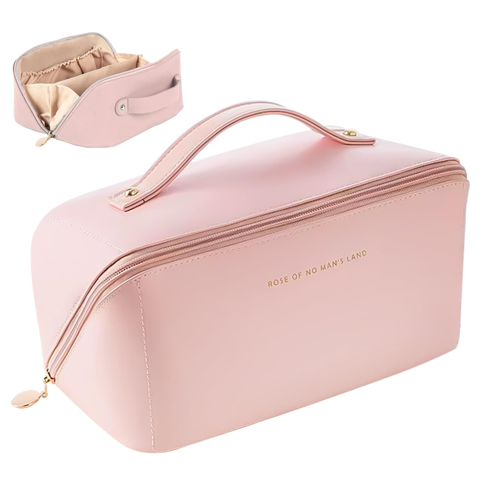 JSTHHTT Makeup Bag, Large Capacity Travel Cosmetic Bag, Portable Makeup Organiser Toiletry Bag, Travel Essentials Wash Bag with Handle and Compartments for Women Girls (Pink)