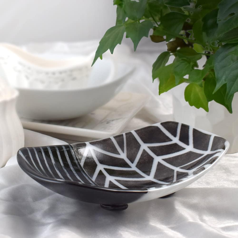 Fused Glass Swoop Bowl, Chevron Pattern, 8.5" - Functional Art Bowl Handmade in the USA (Black + White)
