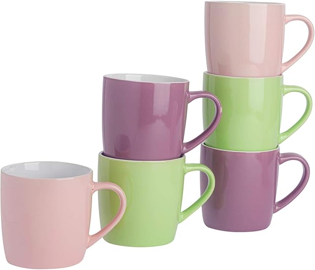 Argon Tableware Tea Coffee Mugs - 6pc Contemporary Coloured Ceramic Cups Set - 350ml - Pink Green Purple