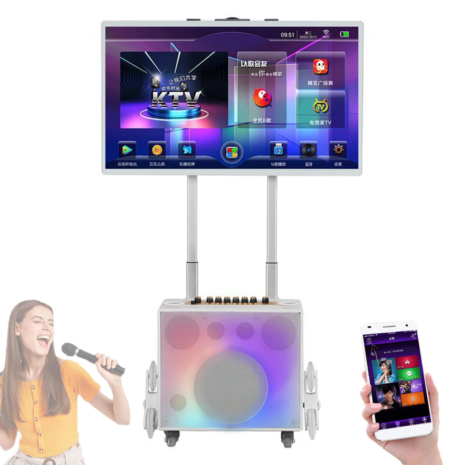 Karaoke Machine with 32" Touch Tablet, Portable Bluetooth Karaoke PA Speaker System, AI Voice Song Request, 2 Wireless Microphones, Foldable Color LED Speaker for Outdoor, Camping, Party,White