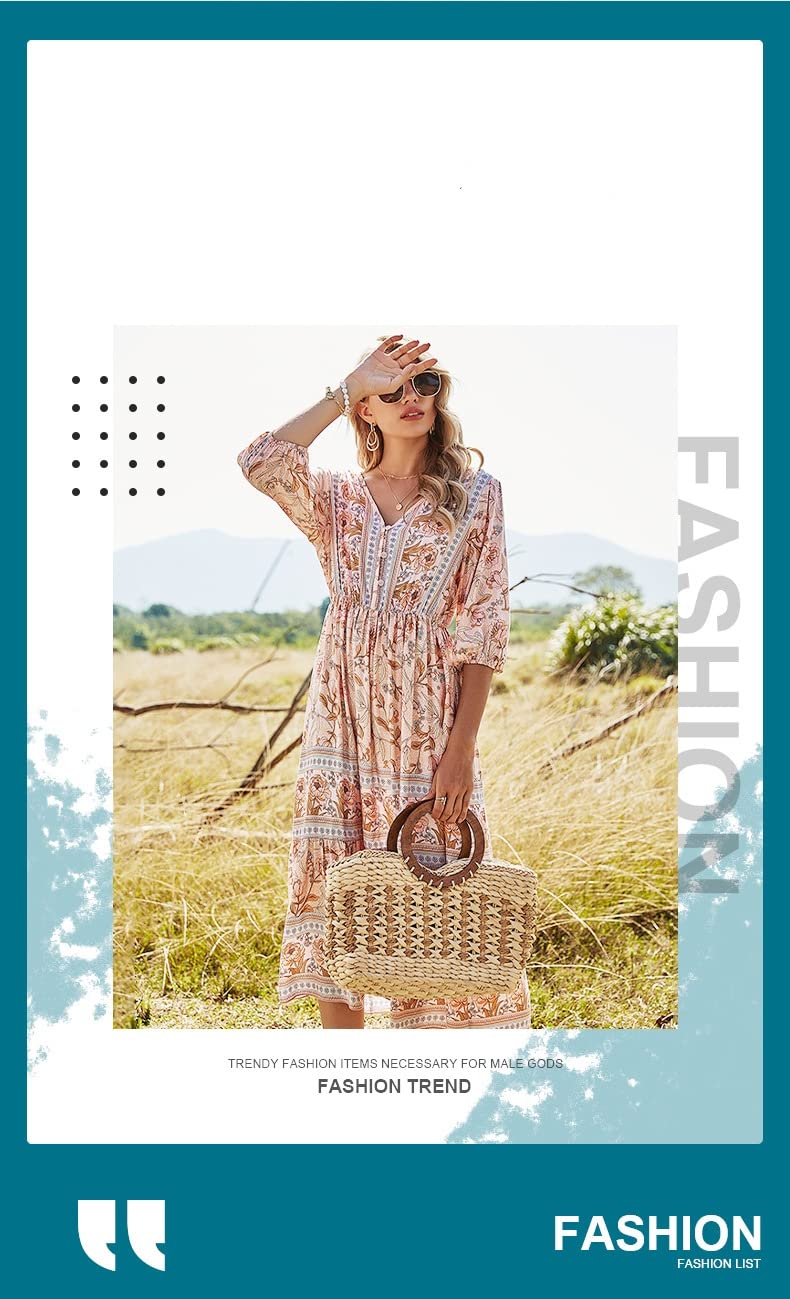 Abito Donne Floreale delle Donne Manica A Mezza Lunghezza con Scollo A V A Vita Alta A Vita Alta Bohemian A-Skirt