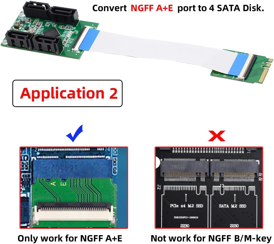 Mini PCI-E PCI Express & NGFF A+E Key to SATA 3.0 Four Ports Adapter Cable 6Gbps Hard Drive Extension Card for SSD,SATA PM Multiplier Port Selector