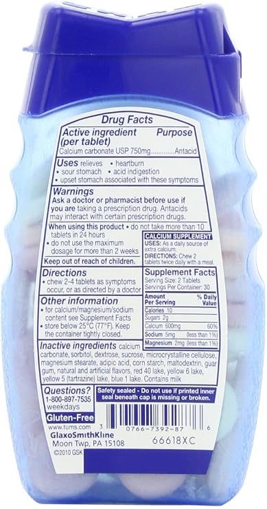 Tums Smoothies Assorted Fruit, Extra Strength 750, 60 Chewable Tablets