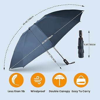 windproof Strong Umbrella, Automatic Folding Compact Travel Windproof Umbrella with Double Canopy, Easy Auto Open & Close, 9 Strong Ribs, Durable & Lightweight for Rain