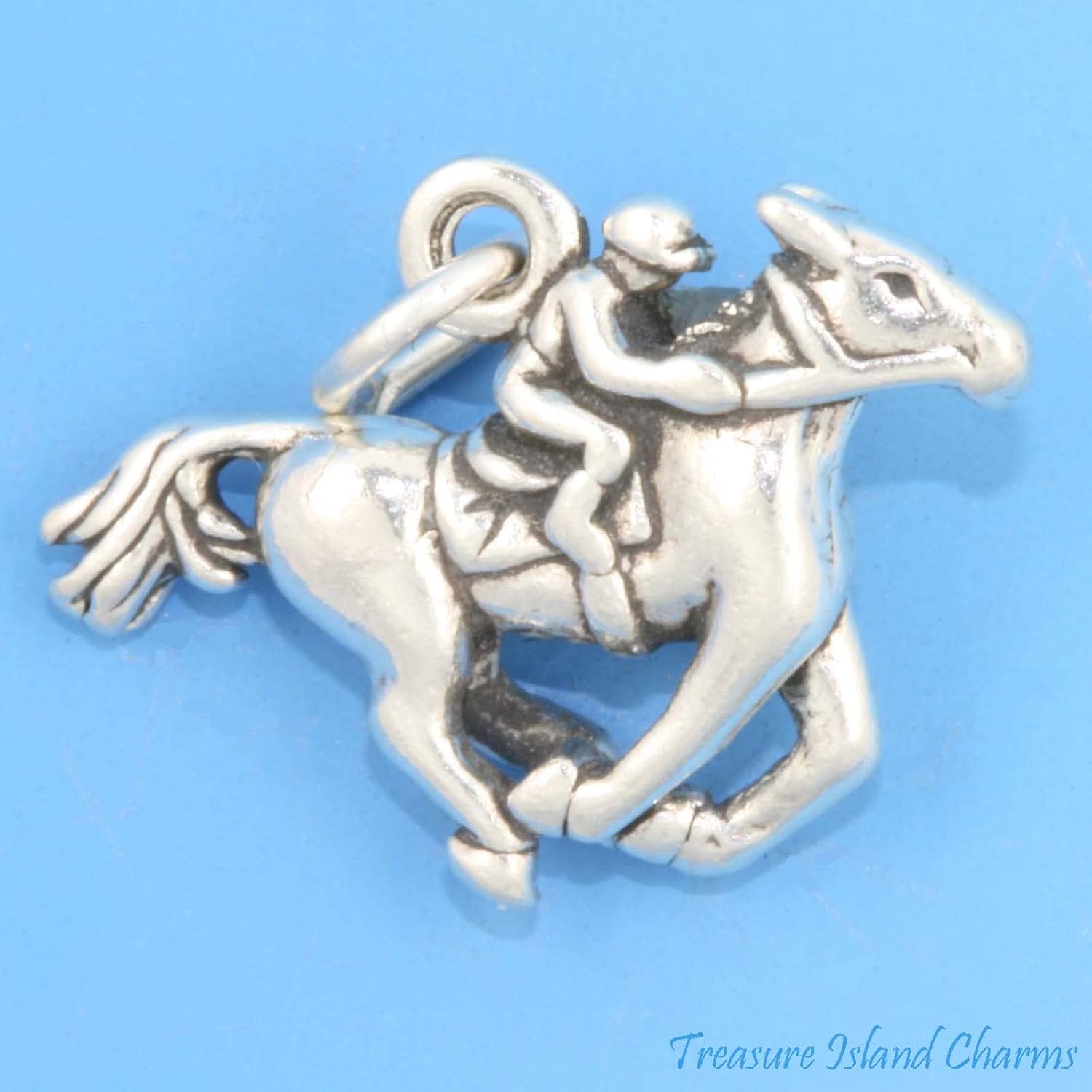 Race Horse and Jockey Riding 3D 925 Solid Sterling Silver Charm Pendant Bracelet Jewelry Making Supply
