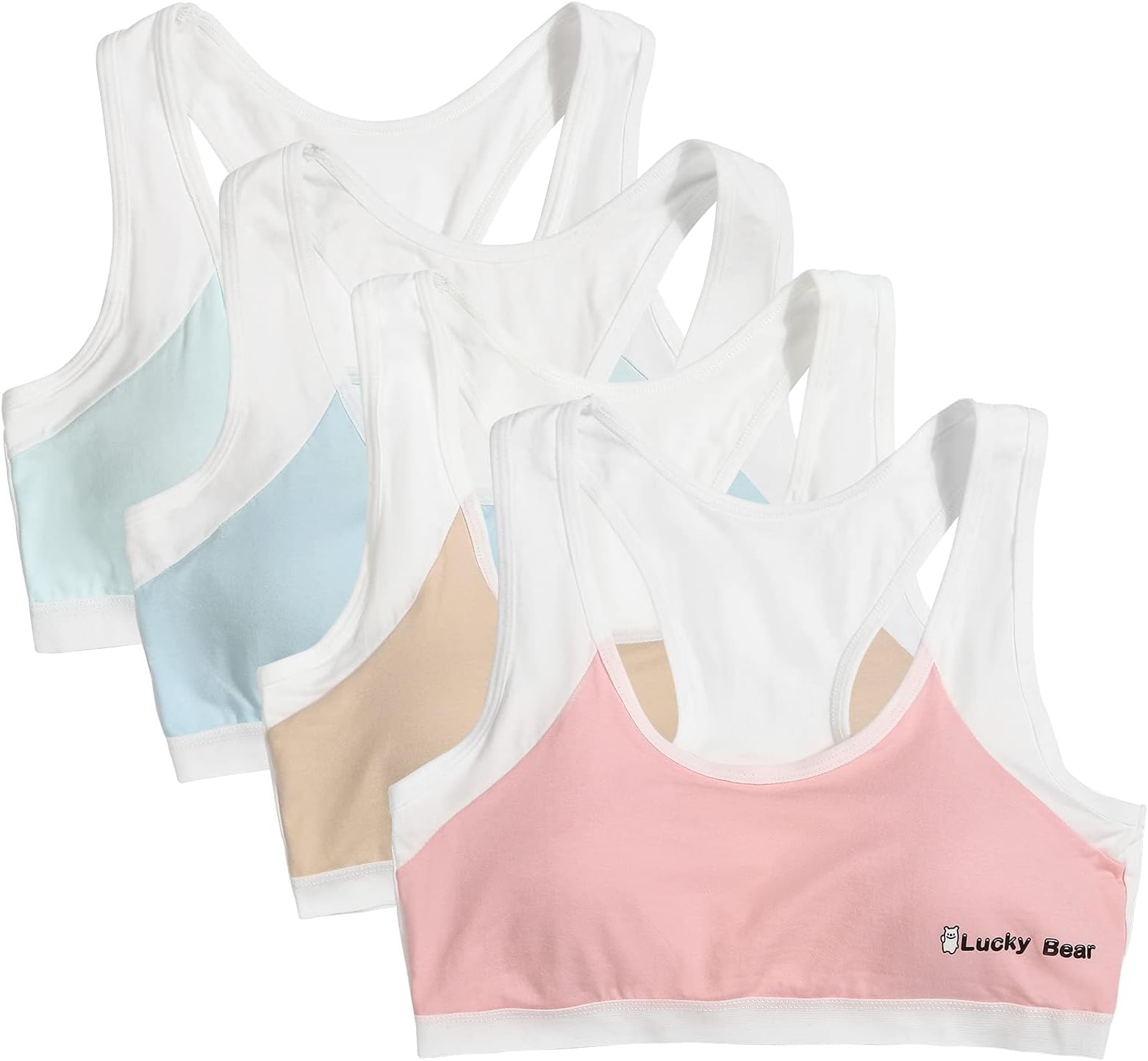 Girls Bras, 2 Pack with Removable Pads, Teen Ice Silk Wireless Bralettes, Breathable Seamless Training Tops for Adolescents, Ages 12-16, Multicolor