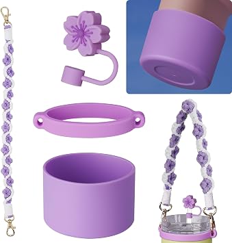 NiHome Accessory Kit for 14oz Stanley Cup, Handwoven Strap,Boot & Straw Cap | Reinforced Clasp, Color-Matched Silicone Ring, Bottom Protector For Tumbler, Gift Idea, Purple