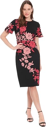 London Times Womens Dresses Jewel Neck Flutter Sleeve Emotional Flattering Polished Chic Midi Length Sheath Dress