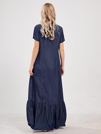 utcoco Womens Short Sleeve Denim Maxi Dress Casual Loose Fit Button Down Long Jean Dresses