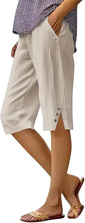 Cotton Linen Capri Pants for Women Petite Bermuda Shorts Knee Length Drawstring Summer Beach Long Shorts
