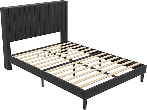 Miniatura 24 de VanAcc Base de cama tamaño Queen, plataforma tapizada de terciopelo con cabecera capitoné de canal, base de colchón con listones de madera, no