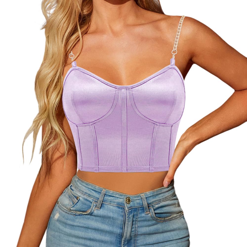 TYNORA Women’s Sexy Sleeveless Chain Spaghetti Strap Stain Cami Crop Top Bustier Tank Top Clubwear
