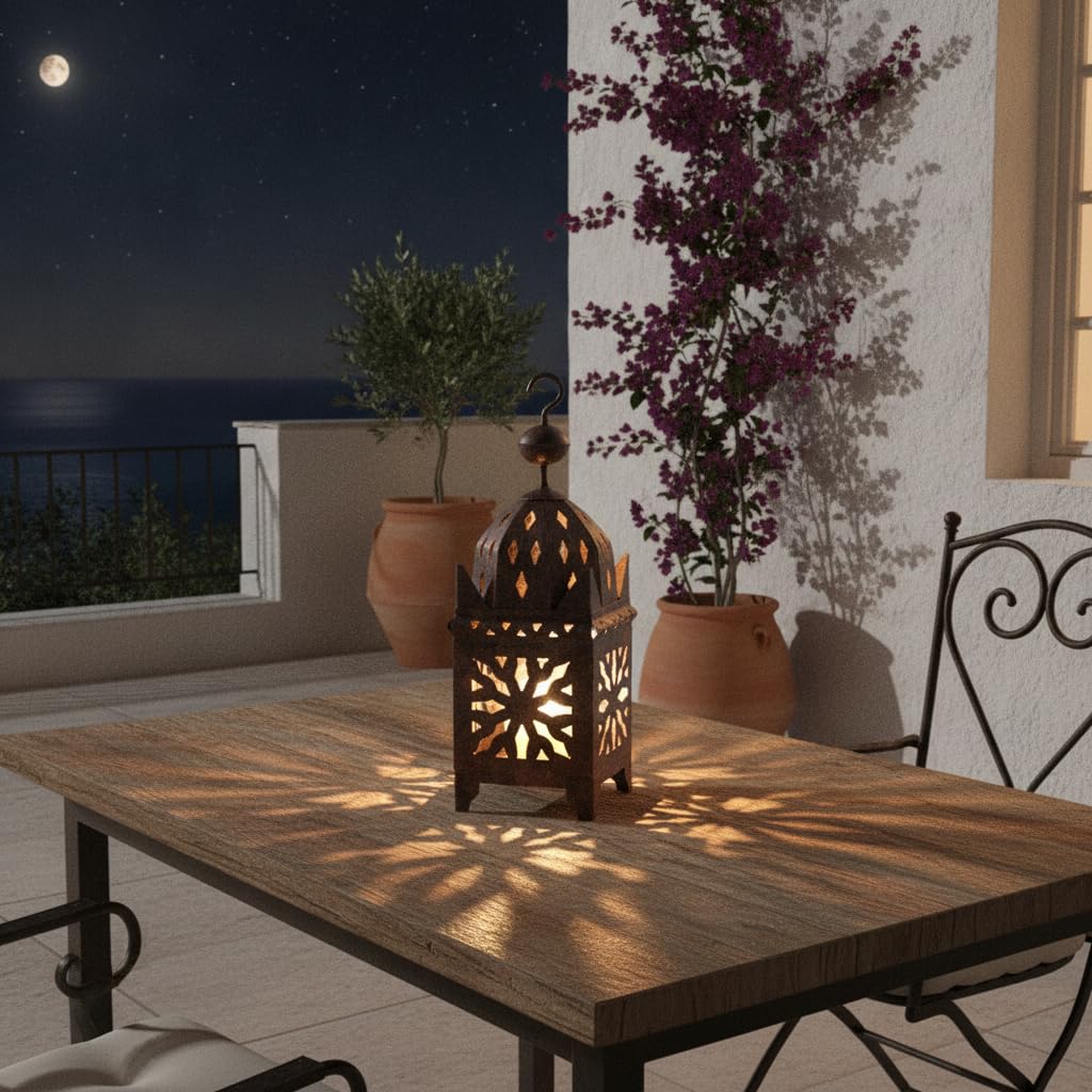 Farol Oriental de Hierro Forjado Hecho a Mano en Marruecos, Portavelas Árabe, 27 cm (Pack de 2 Unidades)
