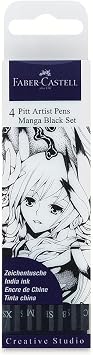 Faber-Castell Pitt Artist Pen Black Manga Drawing Kit - 4 Count, Assorted Nibs Anime and Manga Drawing Kit