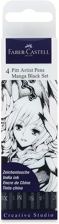 Faber-Castell Pitt Artist Pen Black Manga Drawing Kit - 4 Count, Assorted Nibs Anime and Manga Drawing Kit