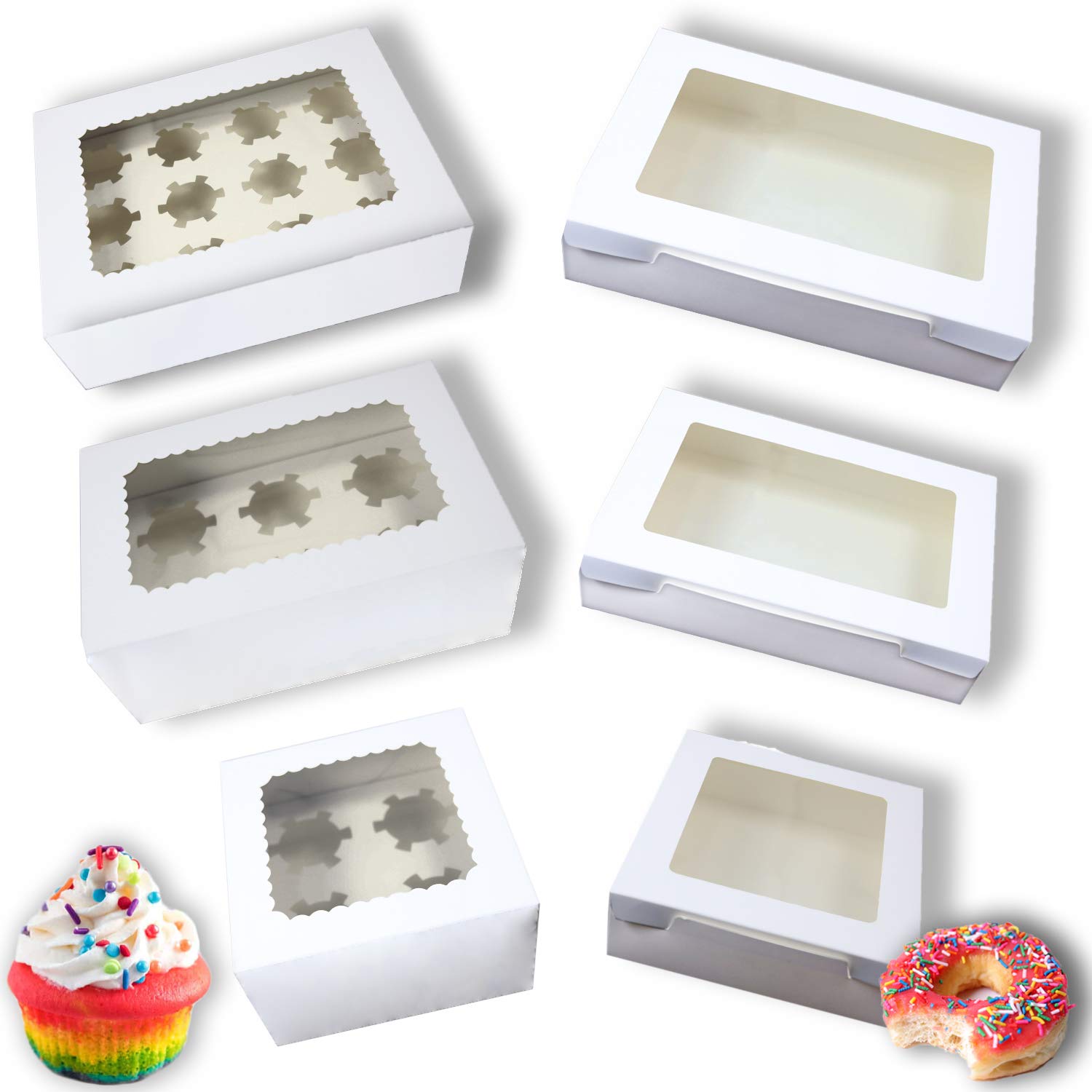 [24 Pack] Cake/Cupcake Boxes AND Cookie Boxes/Donut Boxes in 6 different sizes and 2 different heights (4”&2.5”) as One Bundle. Beautiful White Paperboard Pastry, Bakery Boxes with Clear Window for Visibility. 16”x11.8” Donut Box, 12”x8” Pie Boxes, 8”x8” Cookie Boxes, 13.4”x10” Large Cake Boxes, 10.3”x6.9” Cupcake Boxes, 7”x7” Treat Boxes or Strawberries Boxes. [24 BOXES]