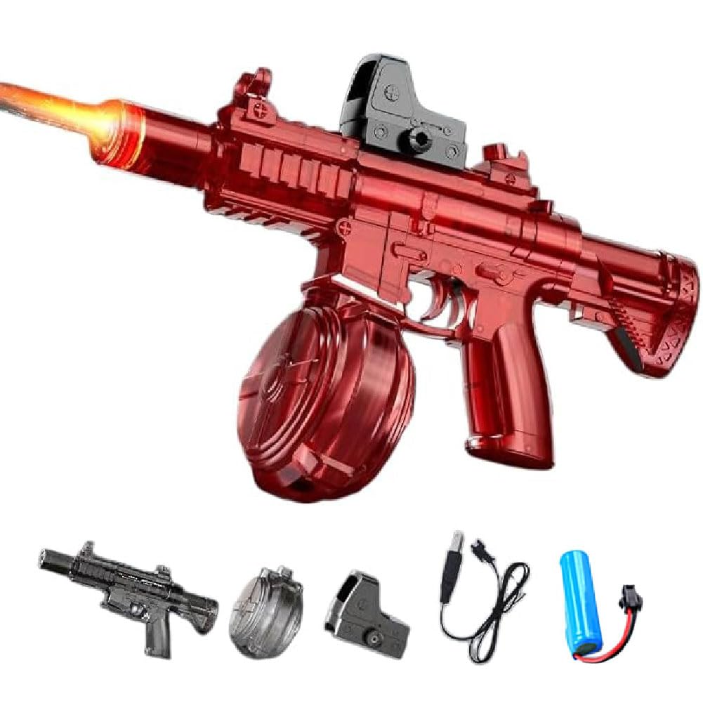 Automatic Electric Water Gun with High-Capacity Drum, Realistic SMG, Rechargeable, Automatic Squirt Watergun with LED, Squirt Gun Water Blaster up to 32 FT Long Range, Summer Pool Party Toy (Red)