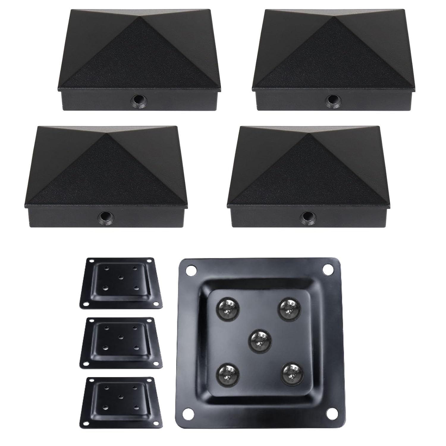 Muzata 10Pack Wood Post Plate Post Base 3.5'' to 4'' WT08 Bundle with 4Pack 4x4 Aluminum Post Caps Pyramid Black Post Caps for 4x4 Nominal Wood Post (Actual 3.5"x 3.5") WT06