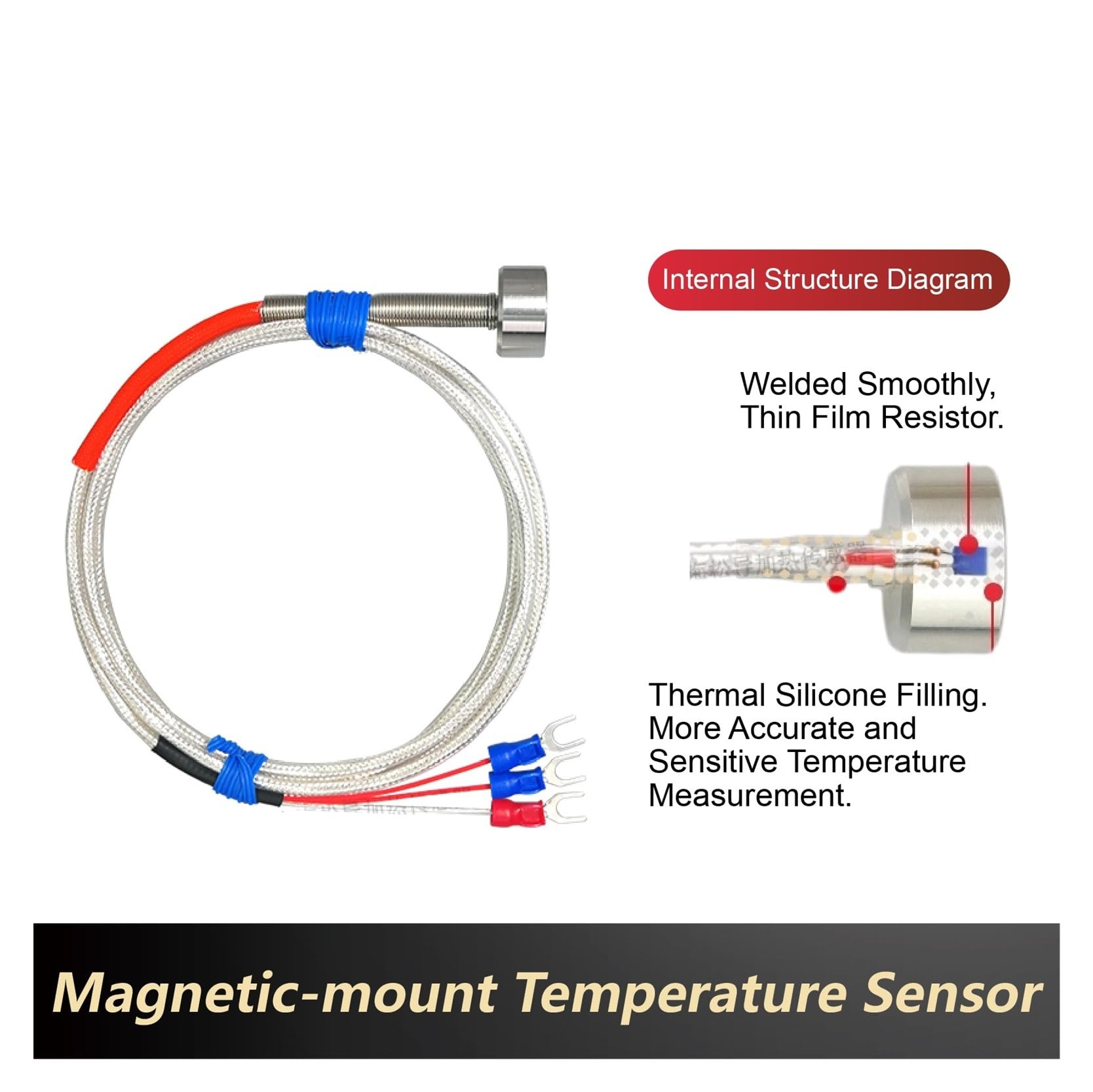 Capteur de température Sonda de sensor RTD de termopar tipo K PT100 magnético de acero inoxidable for montaje en superficie(-60-350-Pt100-5m)