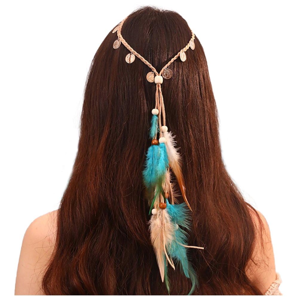 JKQBUX Boho Feather Headband Hippie Headpiece Black Gypsy Costume Headdress Indian Feather Headwear Hair Accessory for Women