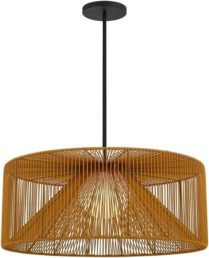 BOWERY HILL Modern Aluminum LED Outdoor Pendant, 30 in, Black Finish, Weather-Resistant Woven Rattan Design, Etched White Opal Glass Globe, 5-CCT Adjustable Dimmable Lighting for Patio or Indoor Use