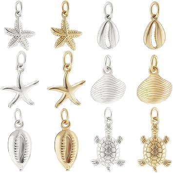 Beebeecraft 24Pcs 6 Styles Ocean Sea Animal Charms 18K Gold & 925 Sterling Silver Plated Shell Starfish Turtle Scallop Charm for Beach Summer Jewelry Making Necklace Bracelet