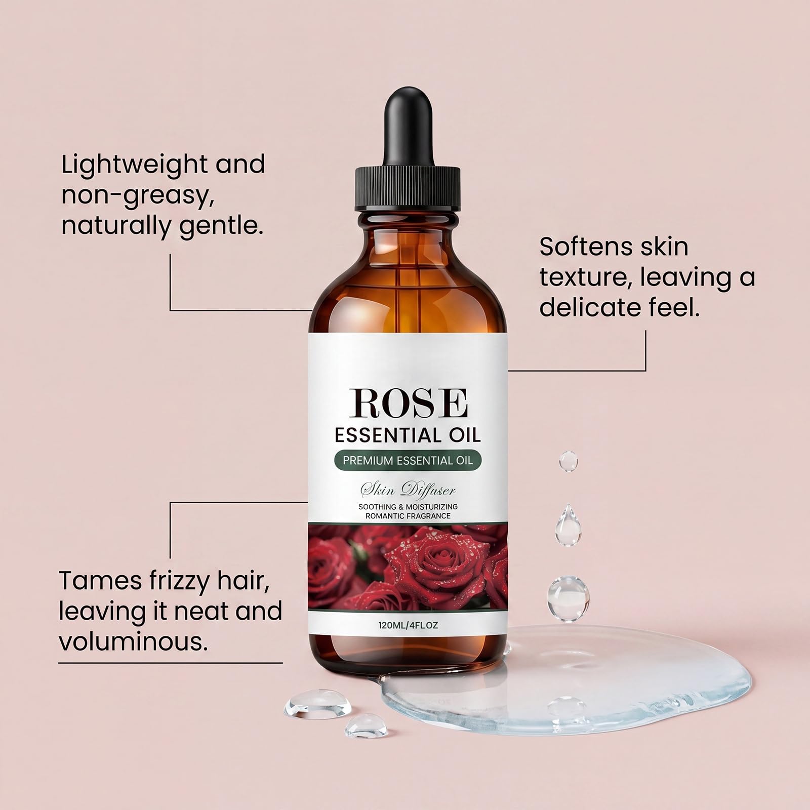Rose Essential Oil Glass Dropper Bottle, olejek eteryczny do pielęgnacji skóry i włosów, romantyczne serum nawilżające do twarzy, długotrwały aromat kwiatowy relaks (6 szt.)
