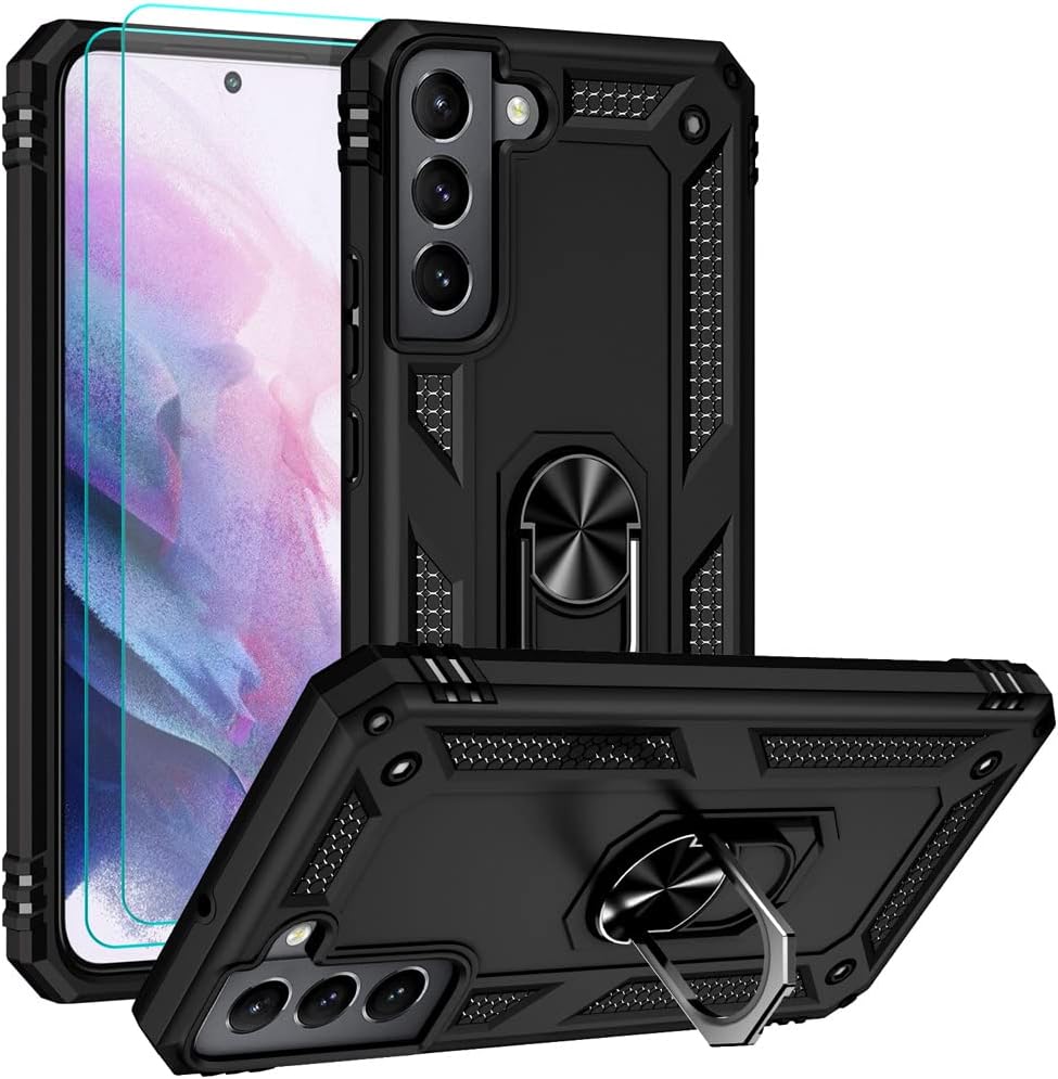 for Samsung S22 Plus/Galaxy S22+ Case with HD Screen Protectors, Military-Grade Metal Ring Holder Kickstand 15ft Drop Tested Shockproof Cover Case for Samsung Galaxy S22+ 5G Black
