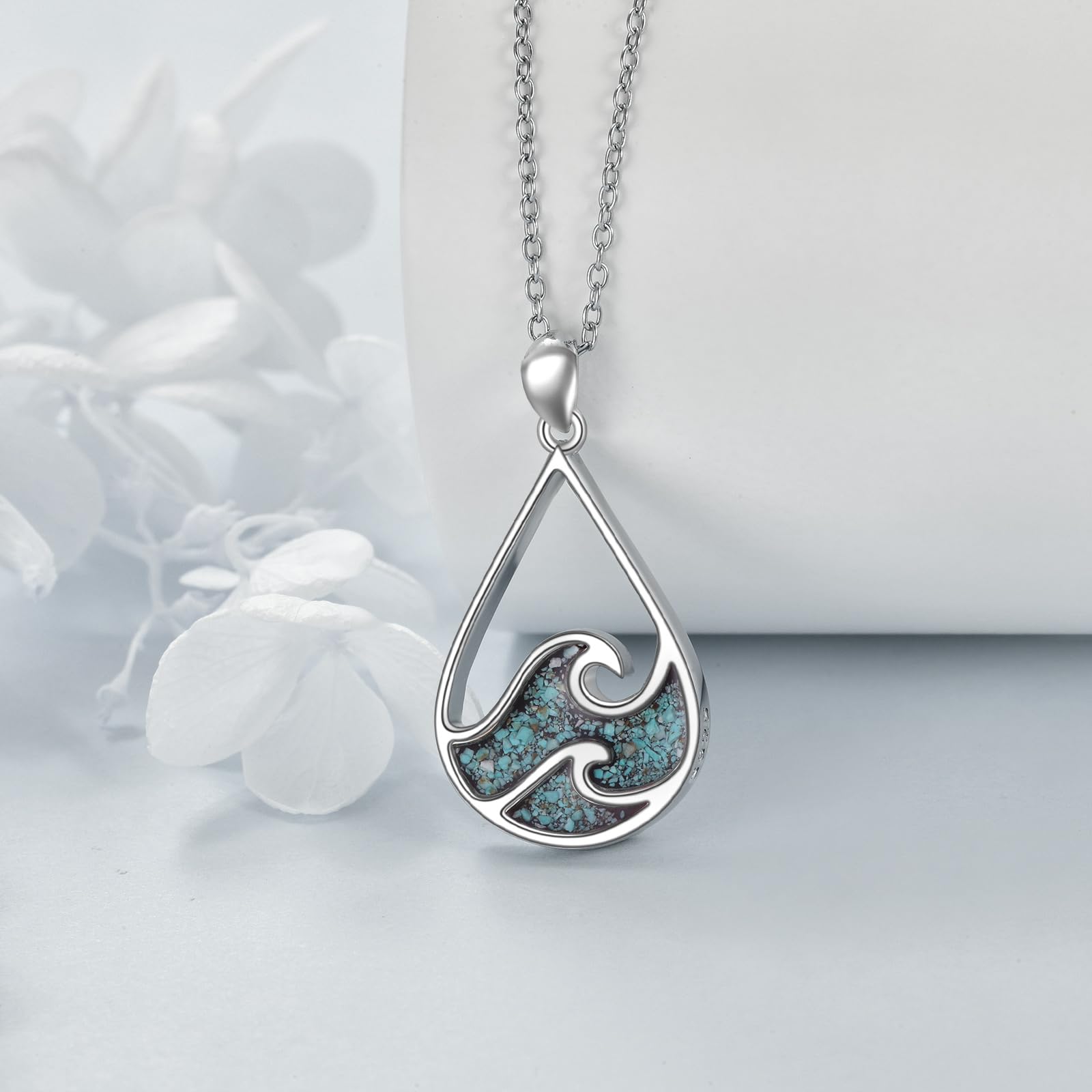 YFN Ozean Welle Halskette Sterling Silber Türkis Anhänger Kette Strand Schmuck Sommer Thema Geschenke für Damen