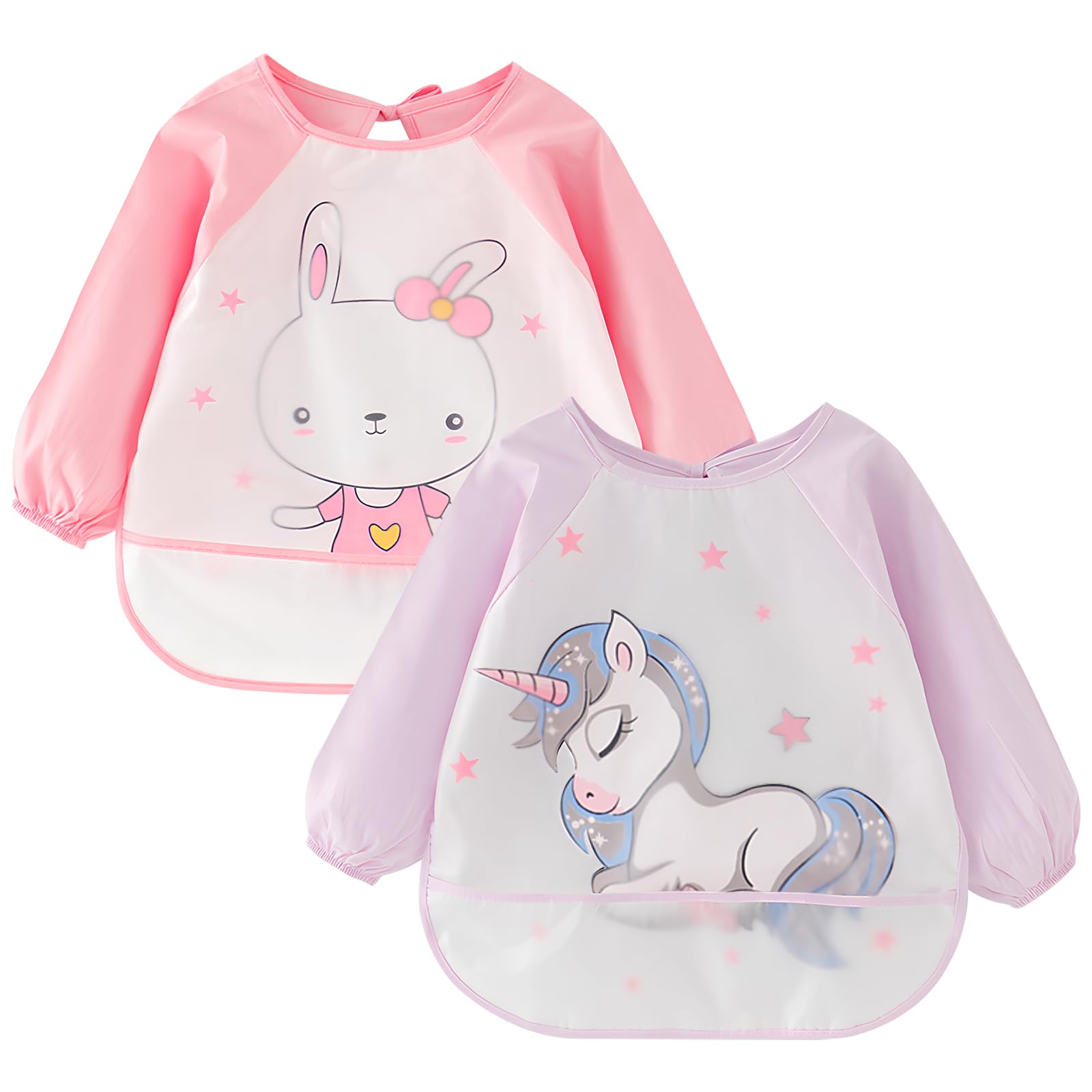 Lvjkes lätzchen mit ärmeln, ärmellätzchen baby, 2 Pack wasserdichte Baby-Lätzchen mit langen Ärmeln und einer Tasche zum Auffangen von Lebensmitteln für Kleinkinder von 2-4 Jahren, Pony und Kaninchen