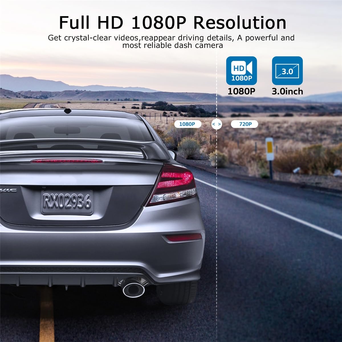 ORSKEY Kamera samochodowa Full HD 1080p, szerokokątny obiektyw WDR 170°, z 3-calowym ekranem LCD, kamera samochodowa z noktowizorem, nagrywanie w pętli, wykrywanie ruchu i czujnik G