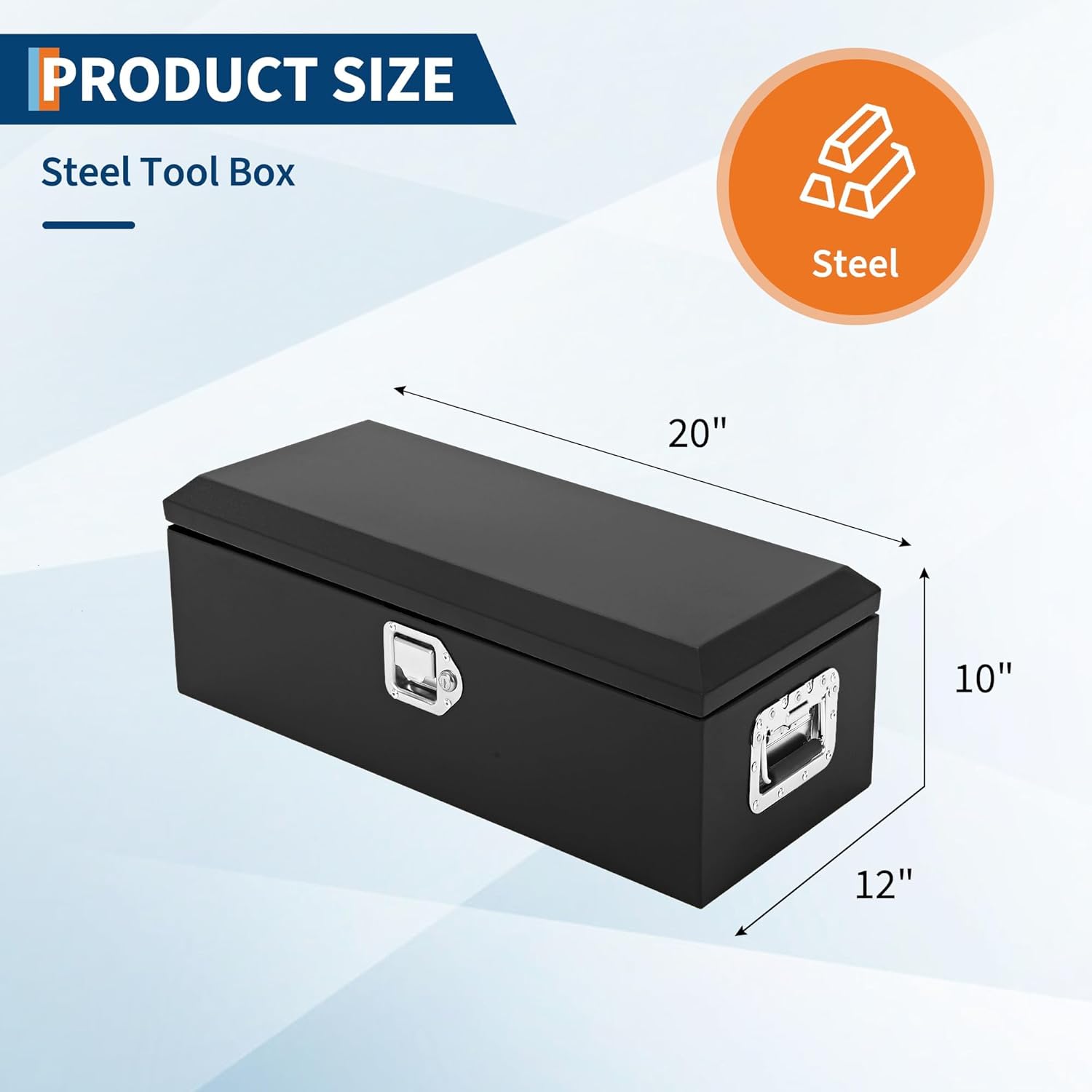 Powder-Coated Black Steel Truck Bed Tool Box - Heavy Duty Diamond Plate Storage Chest with Side Handles & Lock - Durable Metal Toolbox for Pickup, Trailer, RV, Mechanic Workshop - 20×12×9.6 in, Black