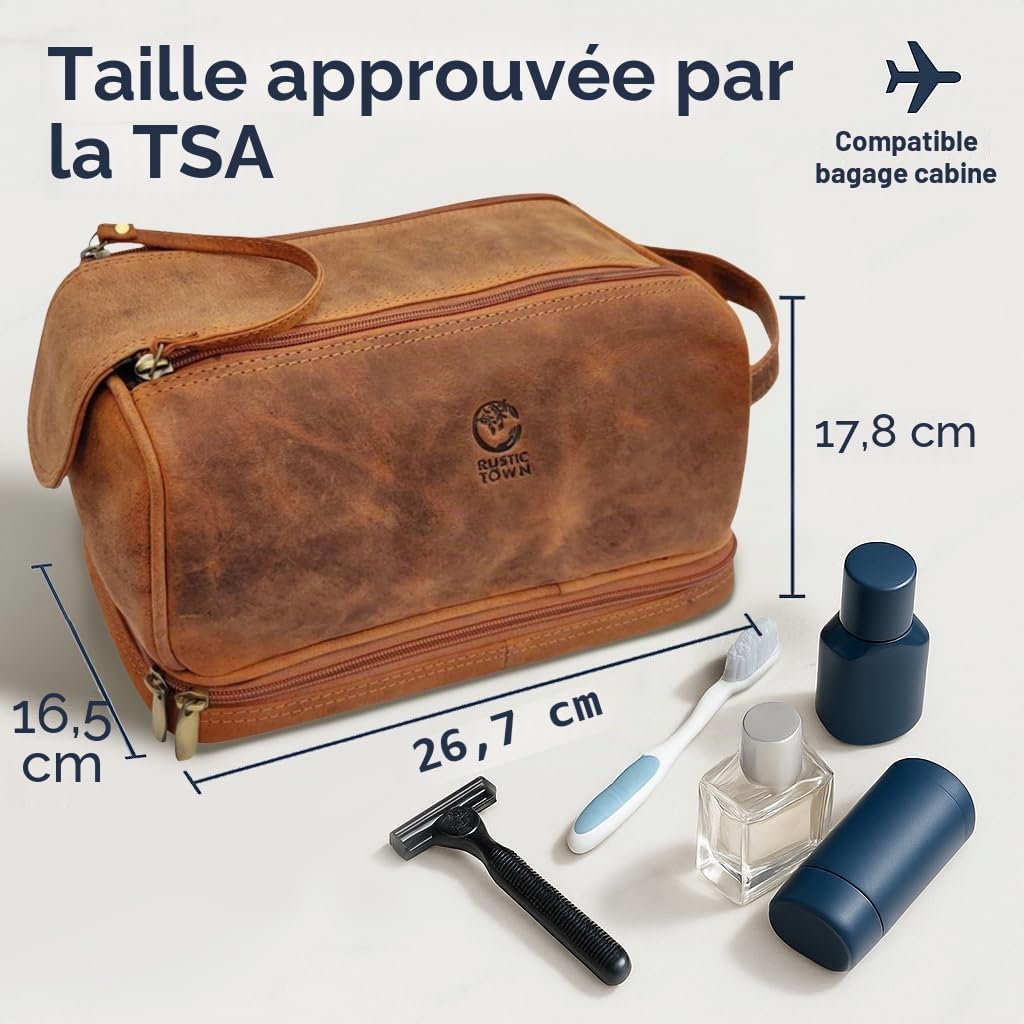 Trousse de Toilette Homme Cuir - Sac de Voyage Pleine Fleur Rasage, Marron | 2 compartiments, fermeture YKK, bagage cabine, organiseur rasage & parfum, doublure résistante à l’eau, Vintage cadeau femme